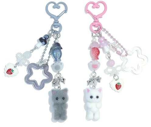 Nalefow Cute Pink Keychain, Fuzzy Cat Keychain Aesthetic Y2K Charms Stylish Keychains Accessories for Bag Charms Purse Gifts (2PCS Grey Pink Cat Sets)