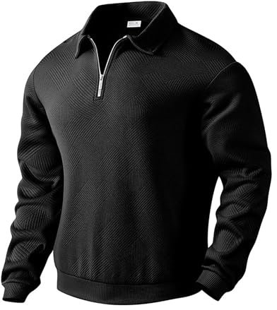 MakingDa Collared Sweatshirt Men Long Sleeve Casual Smart Quarter Zip Polo Neck Jumpers Retro Jacquard Knitted Tops Regular Fit Winter Pullover Knitwear-Black-L