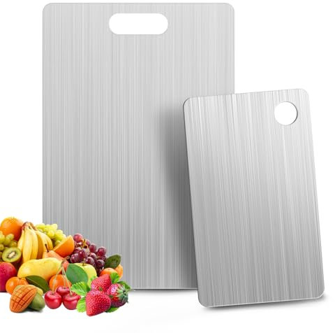 Titan Schneidebrett, GUICHENO 2 Stück 304 Schneidebrett Edelstahl, Titanium Cutting Board, Doppelseitigem Schneidebrett, Küchenbrett Cutting-Board, Schneidebretter Küchenzubehör(34 x 23cm+25 x 15cm)