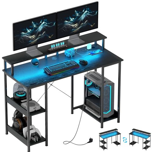 HOMCOM Scrivania per Computer Reversibile Ripiani, 120x50 cm Scrivania da Ufficio con Prese Elettriche e Luci LED, Tavolo Porta PC da Studio con Doppio Supporto per Monitor, Nero