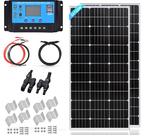 XINPUGUANG Kit Panneau Solaire 240W:2 Panneaux Solaires Monocristallin 120W 12V + Régulateur de charge 30A + câble de 3m + pinces de fixation Z pour camping-car, caravane, maison