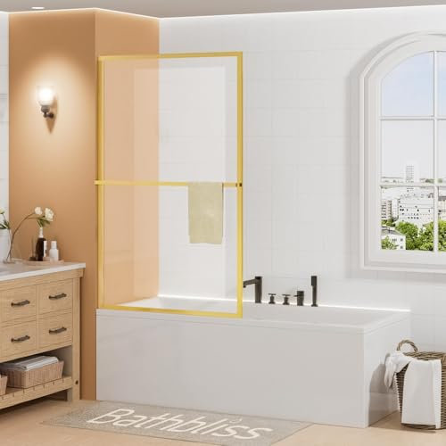 Bathbliss Tub Shower Door 34x60 inch,Half Bathtub Shower Door Screen Fixed Tub Glass Door with Tempered Glass Brush Gold