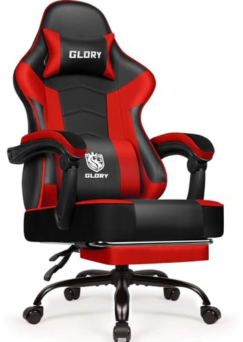 minnouat Gaming Stuhl, Bürostuhl Ergonomisch mit Teleskopische Fußstütze, Gaming Chair mit Kopfstütze und Lendenwirbelstütze,Gaming Sessel gepolstert 150 kg, höhenverstellbarer Gamer Stuhl,Rot