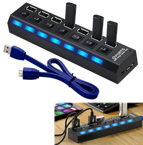 Vidacharmy Hub USB 3.0 con 7 Porte Alta velocità 5Gbps， Adattatore Multiporta con interruttori di alimentazione LED individuali. Compatibile con laptop, PC, MacBook e altri dispositivi USB.
