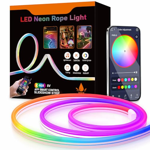 Aurevita Striscia luminosa al neon RGB-IC, 10 m, USB, 5 V, USB, Bluetooth, LED per parete, striscia luminosa per esterni, controllo app, sincronizzazione musica, ideale per la decorazione della stanza