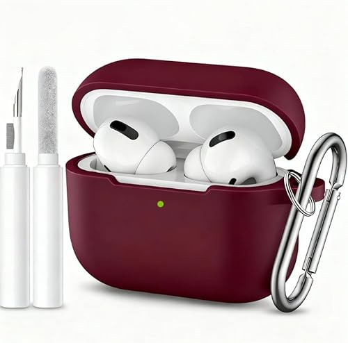 CSOCEPO Kompatibel mit Airpods Pro 3 Hülle Case 2025 Weich Silikon für Airpod Pro 3. Generation Hülle mit Reinigungsset und Karabiner Licht Burgunderrot