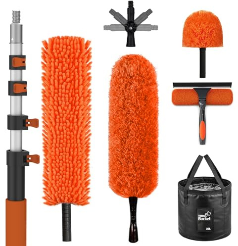 SISUPASSIE 6m Extendable Feather Duster Kit, 7 PCS Dusters for Cleaning with Professional Telescopic Pole, Long Reach Washable Duster and Window Cleaning Equipment for Cleaning Windows Cobwebs
