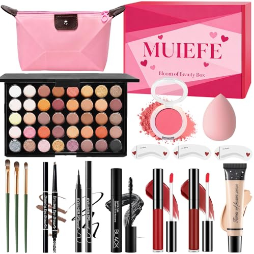 Kit Trucco Make Up Completo, Set Trucchi Donna, Cofanetto Regalo Makeup per Ragazza Adolescente, Include Portatile Palette, Ombretto, Rossetti, Eyeliner, Mascara, Sopracciglia e Borsa per il trucco