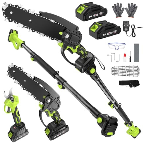 Cordless Pole Pruning Shears & Chain Saw Set, 6.4Ft Extension Pole 2*4.0 mAh Battery Rechargeable 550W Pure Copper Motor Handheld Chain Saw Trimmer for High & Low Tree Branch Cutting Trimming Prunin