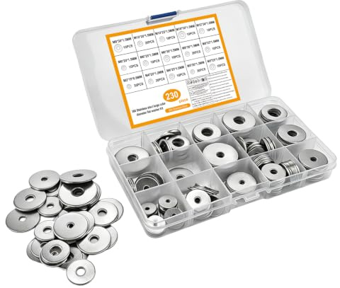 230 arandelas surtidas para tornillos, arandelas planas de acero inoxidable para pernos, kit surtido de arandelas planas de guardabarros grandes y redondas para pernos y tornillos, juego de arandelas