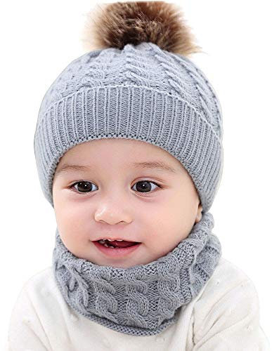 Susenstone Bonnet BéBé Fille Hiver Pompom 0-24 Mois TricotéS Bonnet BéBé GarçOn Naissance Chaud ÉCharpe BéBé Fille Automne Bonnet Fille Et Snood (0-2 Ans, Gris)