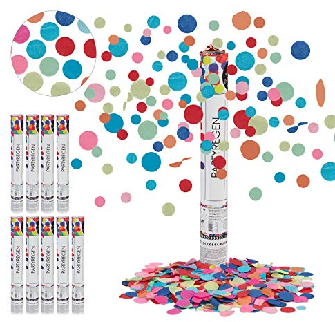 Relaxdays 10 x Party Popper, 6-8m Effekthöhe, Karneval, Geburtstag & Hochzeit, Papierkonfetti rund, Konfettikanone 40cm, bunt