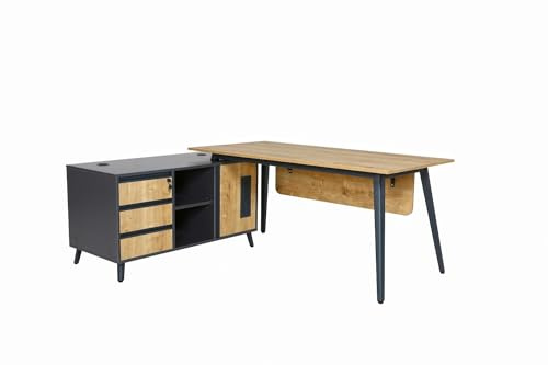 furni24 Schreibtisch, modernes Design, für Jugendzimmer Büro, große Arbeitsfläche, Tisch mit Schubladen inklusive Caisson, Möbelschrank, Shift HBT: 160 x 80 x 75 cm, Eiche