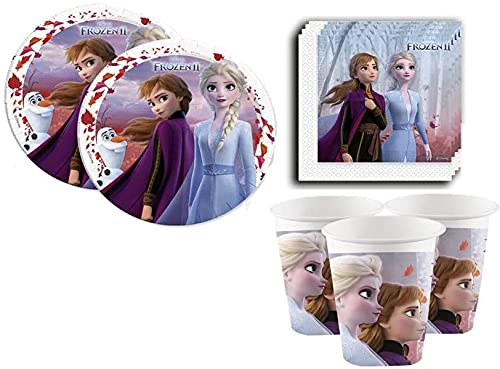 ILS I LOVE SHOPPING Kit de fête ou anniversaire coordonné pour 8 personnes, composé de 8 assiettes de Ø 23 cm, de 8 serviettes de table et de 8 gobelets, motif La Reine des neiges 2