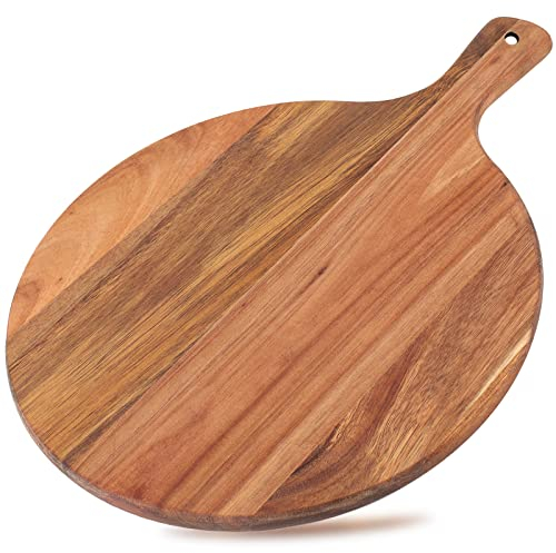 Dicunoy Acacia Wood Charcuterie Boards, 12 Round Pizza Board with Handle, Cutting Board Cheese Paddle, Wooden Chopping Board, Pizza Peel Fruit Chopping Paddle Tray for Bread, Vegetables, RV, Camping