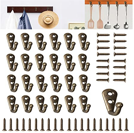 Bateya 30 Stk Wandhaken Vintage Einzelne Haken, Mini Robenhaken Garderobenhaken mit 60Stk Schrauben, Garderobenhaken aus Metall für Badezimmer Kleiderhaken antik Bronzen Haken