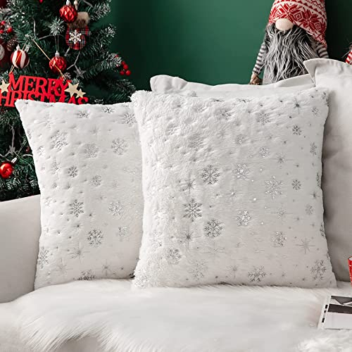 MIULEE 2er Set Kissenbezüge Weihnachten Kuschelkissen Flauschig Schneeflocken Dekokissen Sofakissen Plüschkissen Fellkissen Couchkissen Kissenhülle Zierkissenbezug für Wohnzimmer 50x50 cm Weiß
