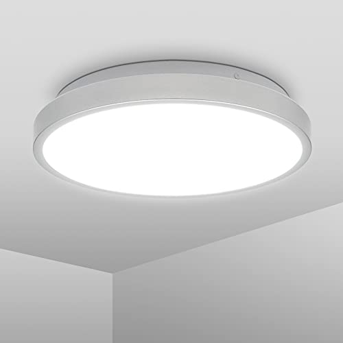 B.K.Licht - Deckenlampe für das Bad, neutralweiße Lichtfarbe, IP44, 12 Watt, 1200 Lumen, LED Deckenleuchte, Lampe, Badlampe, Badezimmerlampe, Küchenlampe, Feuchtraumleuchte, 29x7 cm, Silberfarbig