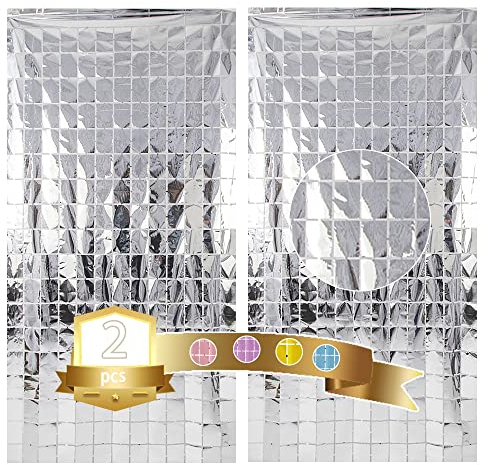 Ungfu Mall 2 Stück Silber Quadrat Metallic Lametta Vorhänge,Tinsel Folie Vorhang Quadrat Folienfransen Vorhang für Hochzeit Verlobung Brautdusche Geburtstag Bachelorette Party Bühnendekor(1m×2m)