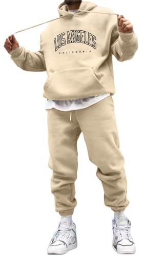 Minetom Sportbekleidung Trainingsanzug Herren Los Angeles Druck Hoodie Mit Kapuze Langarm Mit Taschen Hausanzug 2-Teilig Herbst Winter Kapuzenjacke Jogginghose Jogginganzug Set A Beige M