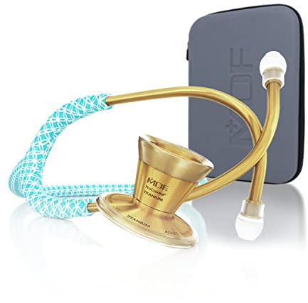 MDFProCardial Kardiologie-Stethoskop, Leichtgewicht Titan, Erwachsene, Doppelkopf, lila Glitzerschlauch, GOLD Brustst¸ck-Kopfhörer, MDF797TBAK+ MDF Reiseetui