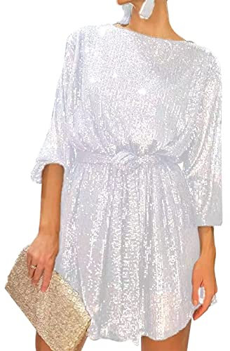 FeMereina Women Long Sleeve Sequins Glitter Dress Party Sparkle Loose Fit Shift Mini Short Dress with Belt (White, XXL)