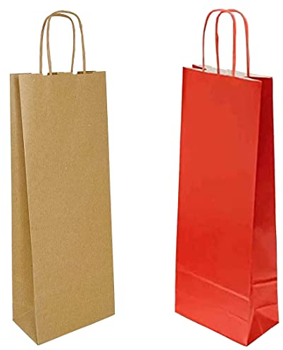 MAQA 25 pz Sacchetti porta bottiglie di vino in carta avana o rosso 14+8.5x39.5 cm, Sacchetti regalo bottiglie con manici, Shopper per bottiglie Avana