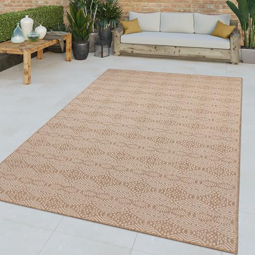 TT Home In-& Outdoor Teppich Wohnzimmer Wetterfest Balkon Ethno Geometrisches Design, Farbe:Creme Taupe, Größe:200x280 cm