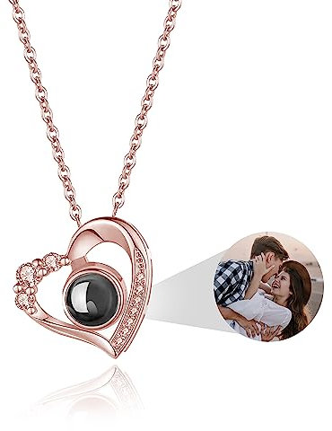 Photo Necklace Personalised Projection Necklace with Picture Inside Custom I Love You Heart Jewelry Valentine's Day Birthday Anniversary Memorial Gifts for Women Girlfriend Mom Daughter(Rose Gold)