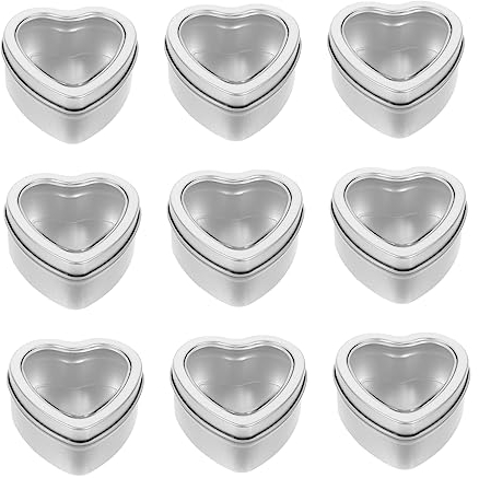 BESTonZON Heart Shaped Metal Tin Cans 10pcs with Window Lids Empty Candle Tins for DIY Candles Candy Storage Jewellery Silver Tinplate Containers