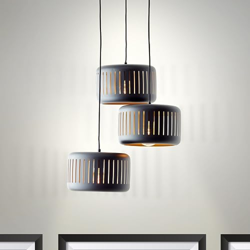 Lightbox 3 flammige Rondell Hängelampe - Glamour Pendelleuchte - 120 cm Höhe - Ø 52 cm - E27 Fassung - max. 60 W - aus Metall - in Schwarz Goldfarben