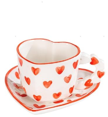 FülleMore Herz Form Kaffeetasse mit Untertasse Set Süße Herz Muster Espressotasse 250ml Cappuccino Tasse Nachmittagstasse Geschenk zum Weihnachten Geburtstag Valentinstag Jahrestag (Rot)