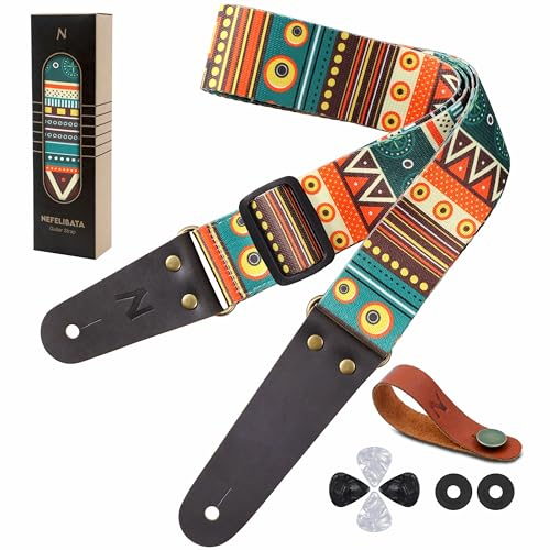 Nefelibata Gitarrengurt, Nylon Druck Gitarrengurte mit Kopf Rindsleder Enden für Bass, elektrische & akustische Gitarren, kostenloser Gurtknopf, 1 Paar Gurtschlösser und 4 Gitarrenplektren