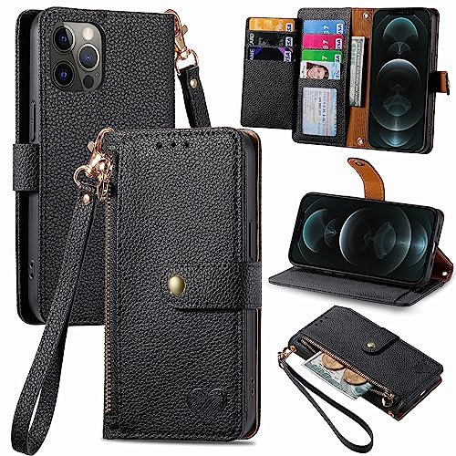VEEMOS Zipper Wallet Case for Apple iPhone 12 Pro Max Phone Case with Purse Card Holders RFID Blocking Leather Flip Case Book Cover Wrist Strap Women - Black