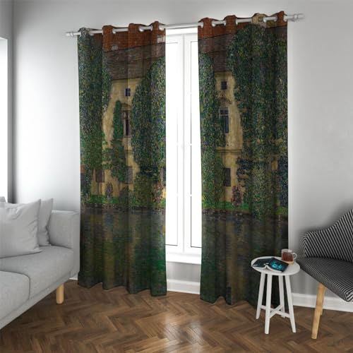 CHERHERART Verdunkelungsvorhänge Ländliche Landschaft von Gustav Klimt Haus Fenster Vorhänge Dekor für Schlafzimmer Wohnzimmer Öse Top Vorhänge 2 Paneel Set B140xH214