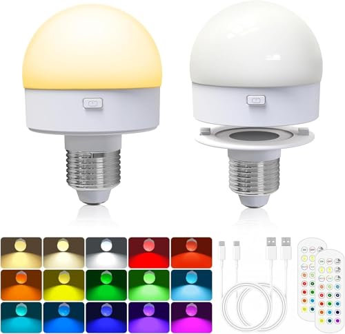 Cadrim Rechargeable Light Bulb, Battery Operated Emergency Lamp with Remote LED Bulbs Detachable Charging Wall Sconce 3 Color, RGB, E27, Timer, Dimmer, for Non-Hardwired, Power Outage, 2 Pack