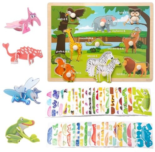 Neikafan Greifpuzzle Waldtiere Holzpuzzle Kinder Steckpuzzle 3D-Puzzle(Dinosaurier Und Insekten) Steckpuzzle Ab 1 2 Jahr Greifpuzzle Holz Lernspielzeug Für Jungen Und Mädchen Kindergeschenke
