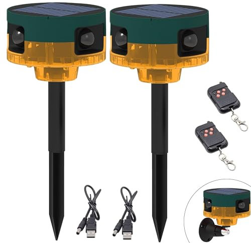 QXMH Solar-Außenbewegungssensor-Alarm: Hundegebell und Schussgeräusch, 129db Laute Sirene, Unterstützung der Aufnahme, 13 Arten von Sound-Stroboskoplicht mit Fernbedienung und USB (2 Packung)