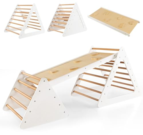 COSTWAY Klettergerüst Indoor, inkl. 2 Kletterdreieck & Kletterleiter, Indoor Spielgeräte Holz, Sprossendreieck Frei kombinierbar, Klettern Kinder Indoor ab 1 Jahr (Weiß + Natur)