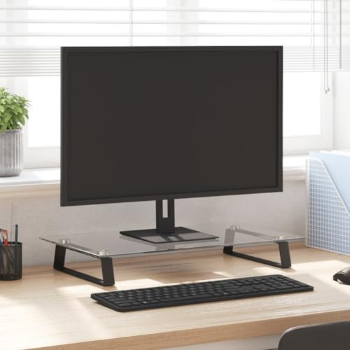 Tidyard Support de Moniteur Noir 60x35x8 cm Verre Trempé et Métal, Support de Moniteur, Rehausseur d'écran de Bureau Meuble TV de Moniteur pour Ordinateur, TV, Imprimante