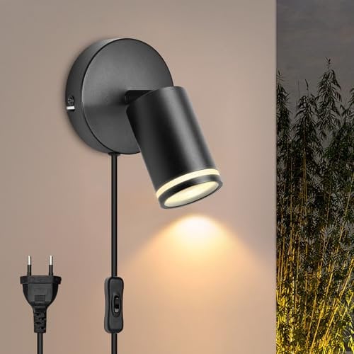 BOYIR Aplique Pared Interior Negro Giratorio - GU10 Lámpara de Pared con Interruptor y Enchufe, Apliques Pared Dormitorio Moderno con Cable de 2 m, Luz de Pared para Pasillo Cocina,Sin Bombilla