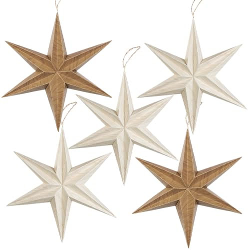 EASY JOY Natural Paper Star Lanterns 5PCS 12'' 3D Wooden Christmas Hanging Paper Stars Decoration Vintage Christmas Hanging Lamp Rustic Decorations for Birthday Xmas New Year Party Home Decor