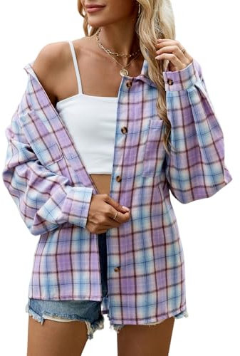 Decorie Camicia Donna Elegante a Quadri Maglia Donna Manica Lunga Top Donna Blusa Maglietta (Rosa Viola,M)
