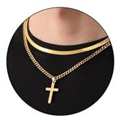 Fehki Men's necklaces,2PCS Stainless Steel Cross Necklace for Men,Silver/Gold/Black Sturdy Cuban Snake Chain Necklace Jewelry Gifts for Men Teen(22inch/24inch, Gold)