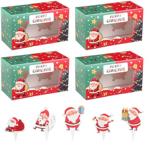 Fippy 50PCS Christmas Cupcake Boxes 2 Hole with Window, Christmas Cakes Boxes with Christmas Inserts, Christmas Cookies Boxes for Gift Cupcake Cookies Sweets