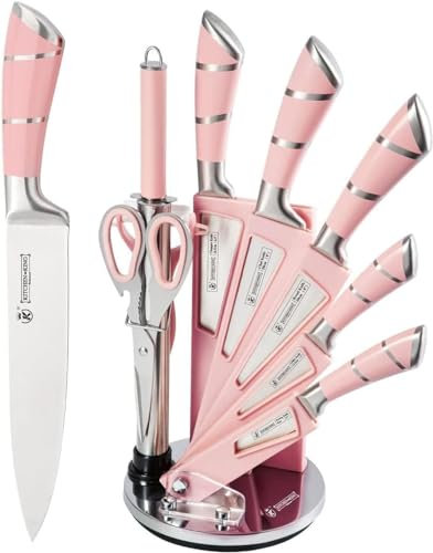 Küchenmesserset, 9-teiliges Kochmesserset mit Acrylblock, antihaftbeschichtetes Edelstahlmesserset für die Küche, Geschenk für Frauen und Mädchen, ergonomischer Griff (Rosa)