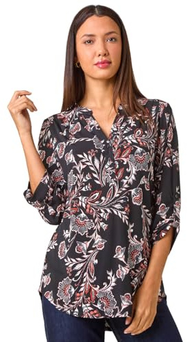 Roman Shirt for Women UK Ladies Top Collarless Blouse Stretchy Tunic Smart Casual Autumn Winter Jersey 3/4 Length Sleeve Notch V Neck Flattering Office Work - Coral Noir - Size 10