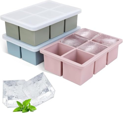 Theuwnee Silicone Ice Cube Tray 3Pack, Large Ice Cube Molds for Whisky Cocktail, Big Square Ice Maker Tray with Lid for Freezer (Colorfu)