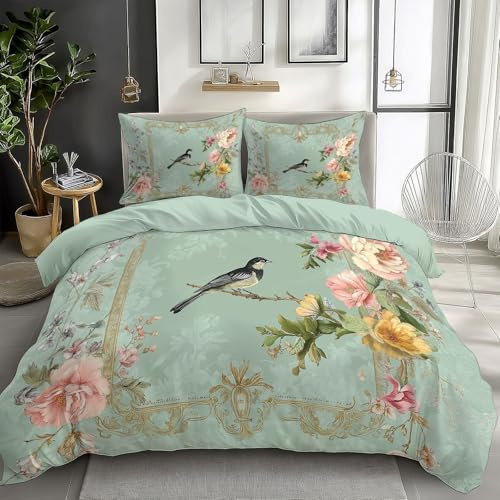 XCQHZYQ Bettwäsche 180x200 cm Hellgrüner Vogel Mit Blumenmuster Wendebettwäsche Weich Atmungsaktiv Baumwolle Polyester Bettbezug Set für Kinder Erwachsene Betten Set mit Reißverschluss