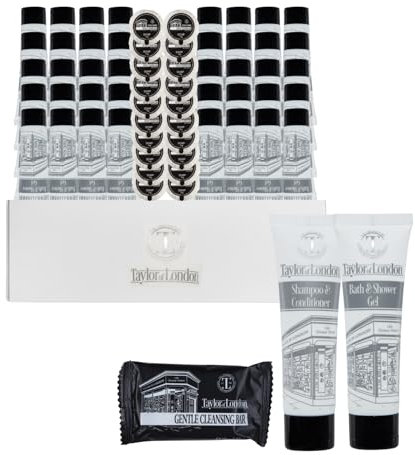 Taylor of London Hotel Toiletries | 20x30ml Shower Gel, 20x30ml Shampoo & Conditioner Tube, 20x15g Flowpack soap Bulk Pack | Ideal for Hotels, Airbnb, Holiday Lets, Travel Sachets (Flowpack)